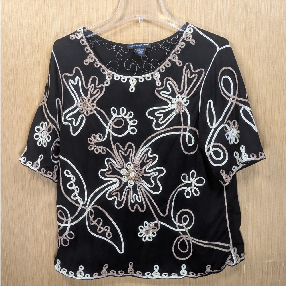 Saint Tropez West Blouse Black Embroidered Floral Casual Boho Women's‎ 1X